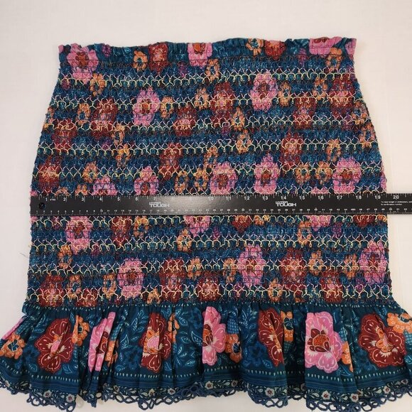 Farm Rio‎ Anthropologie Smocked Flounce Mini Skirt XL Blue Pink Floral Stretchy - Picture 7 of 10